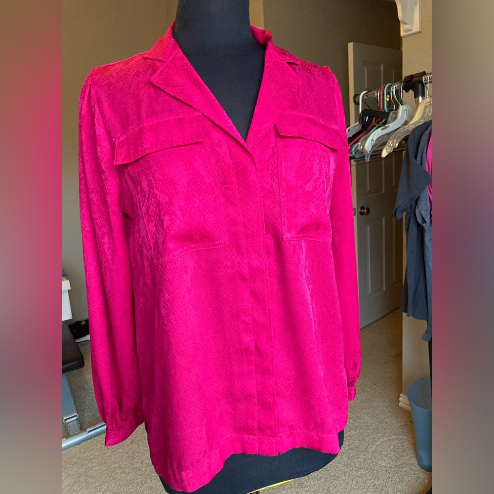 WHBM magenta snakeskin print button down long sleeve blouse, size XS